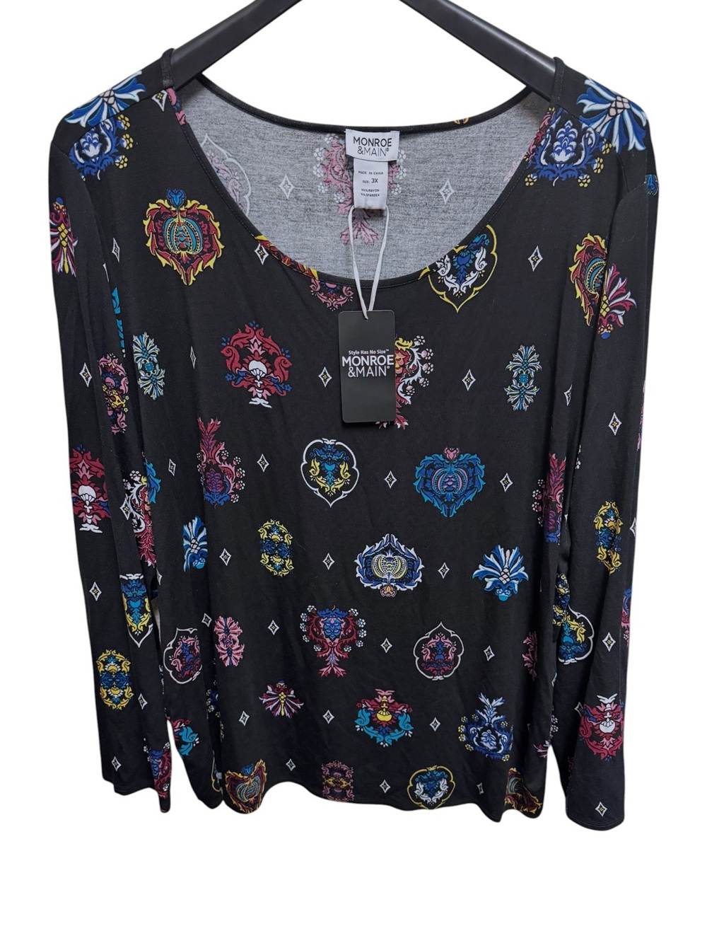 Monroe & Main Black Damask-Inspired Jewel Ornamental Motifs LS Knit Top 3X NWT